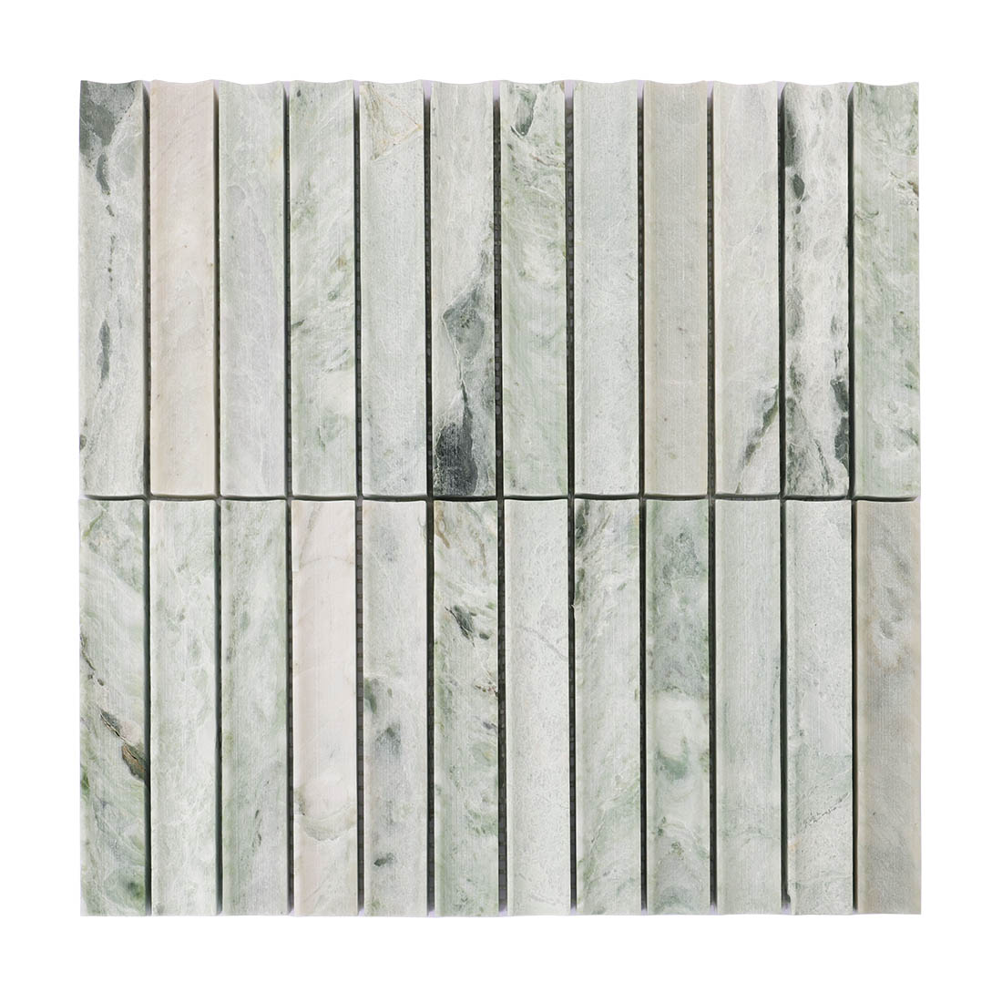 Pale green marble long strip mosaic sheet with soft gray and green natural veining