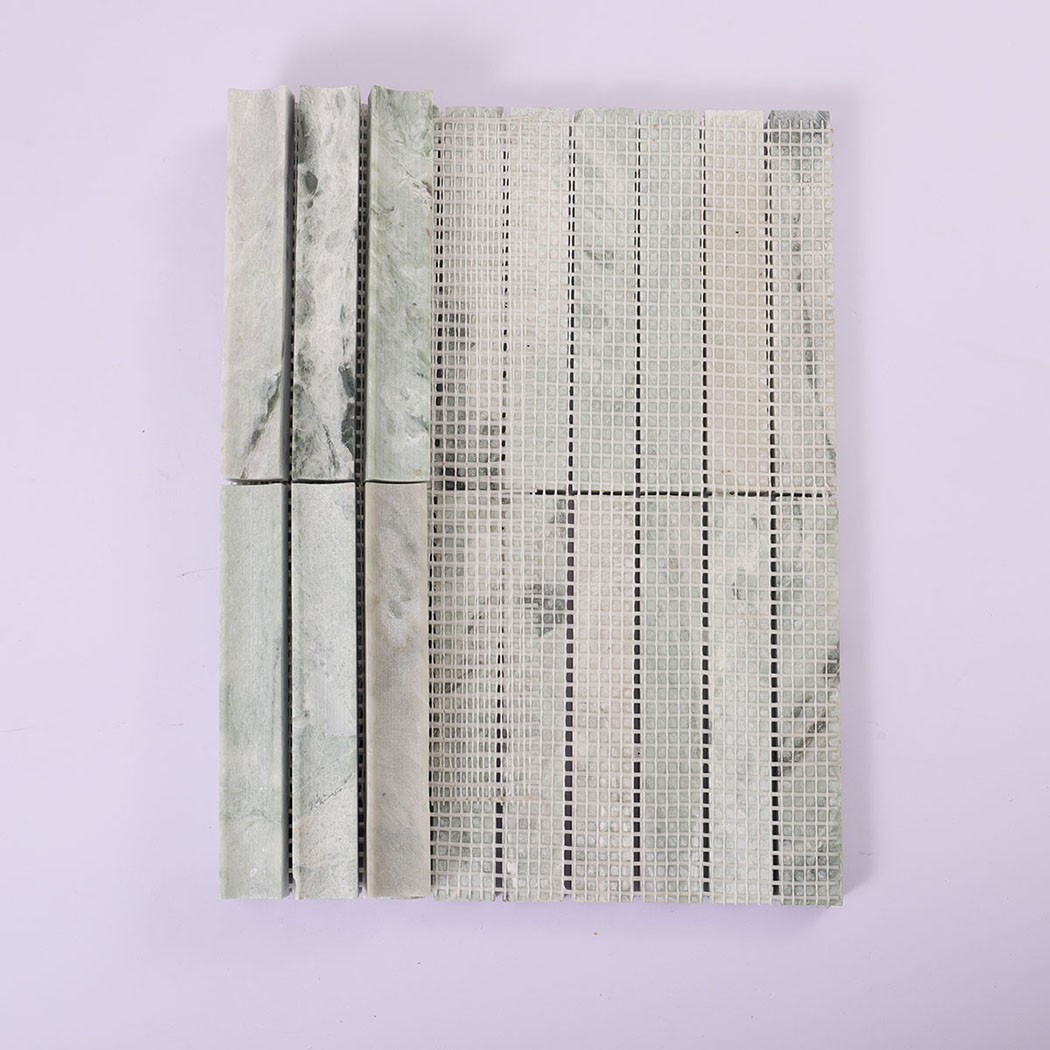 Front and mesh backing view of pale green marble vertical strip mosaic
