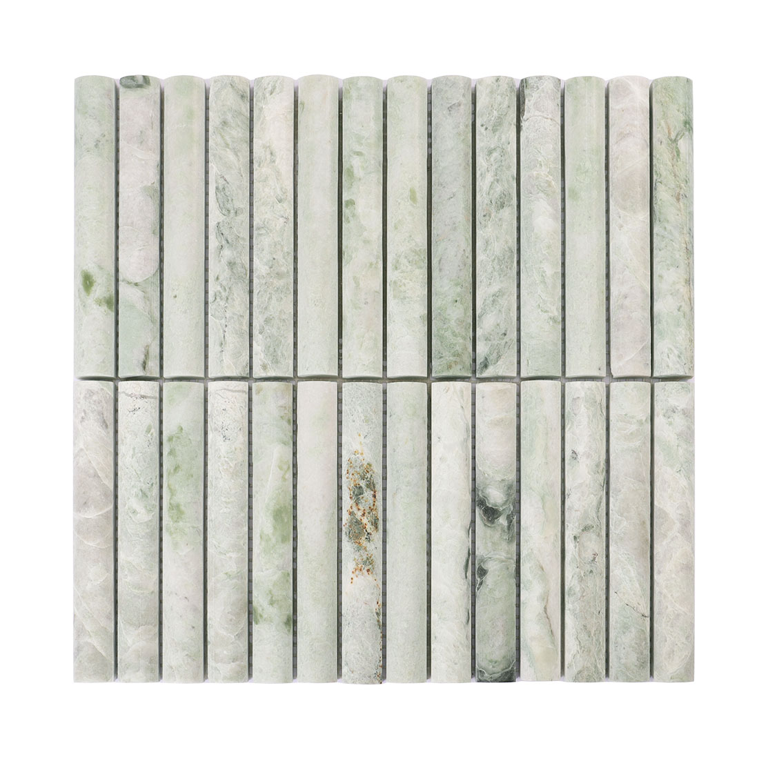 Pale green marble half round strip mosaic sheet with soft natural color variation
