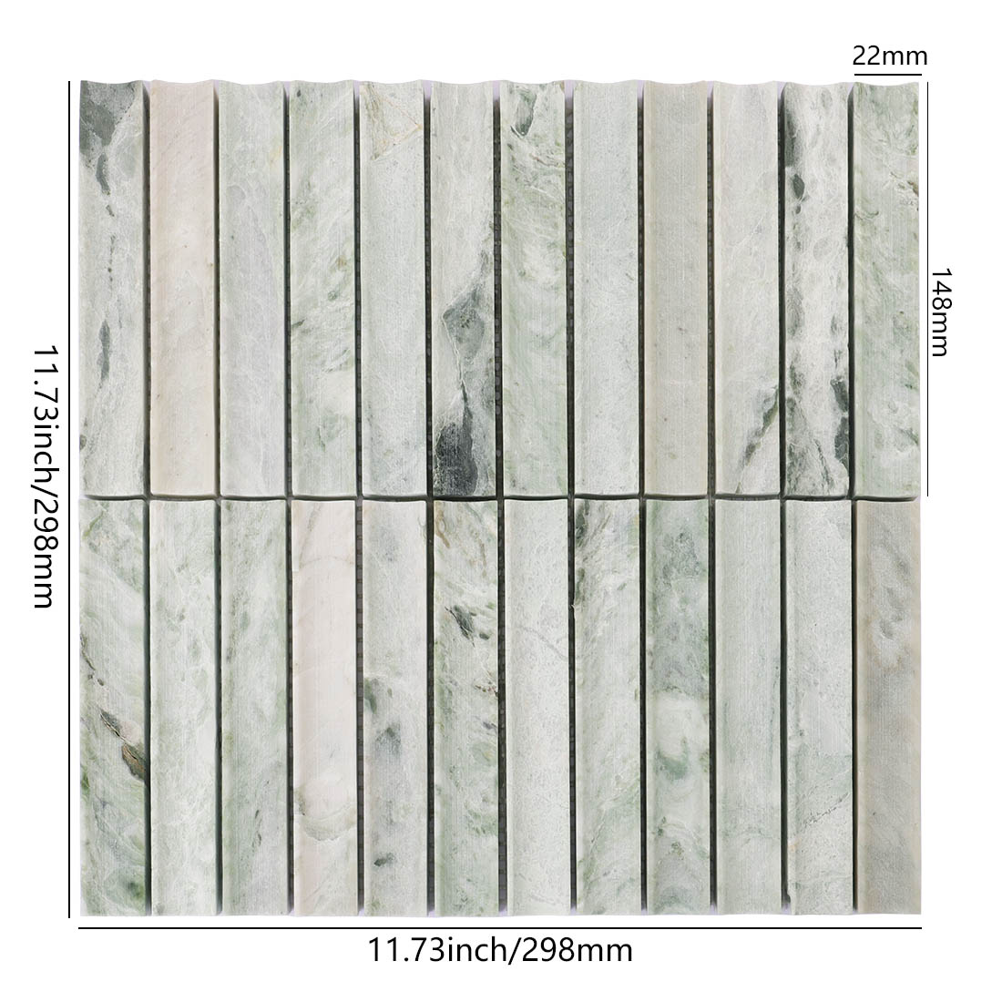 Pale green marble vertical strip mosaic with 22 x 148 mm chips and sheet dimensions
