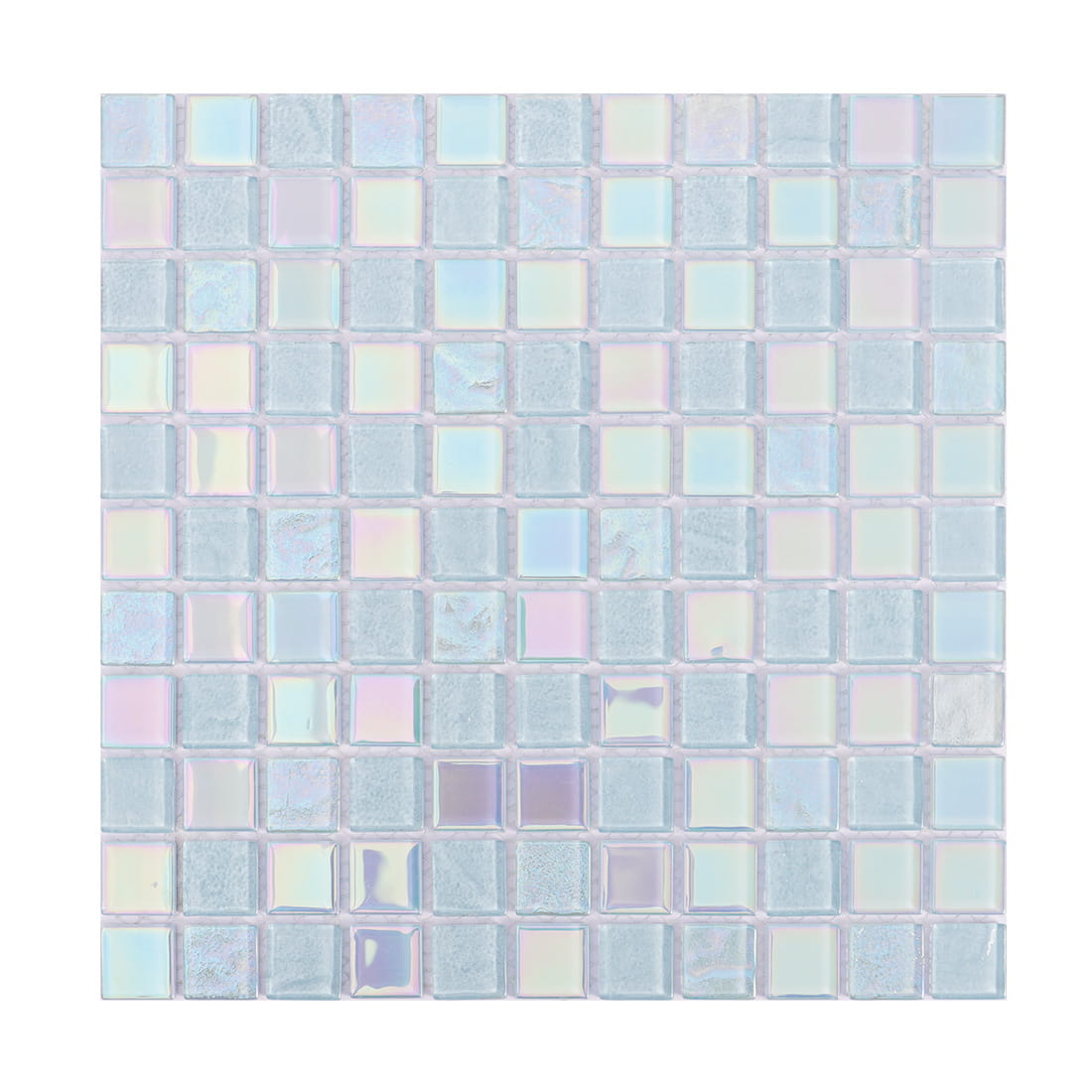 Pale blue glossy square glass mosaic tile with soft iridescent accents