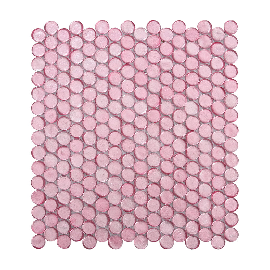 Pale pink round glass mosaic tiles in square layout with clean spacing