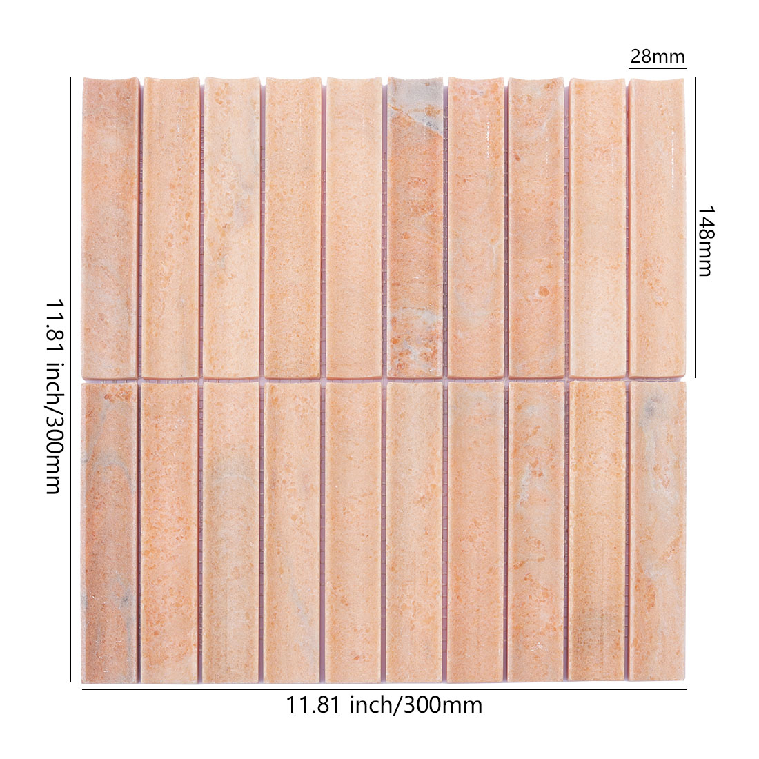 Peach grooved stone mosaic with 28 x 148 mm strips and 300 mm sheet