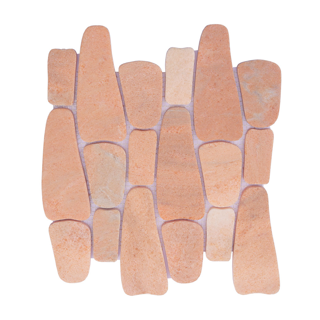 Full sheet of peach stone mosaic tiles arranged in mixed freeform shapes