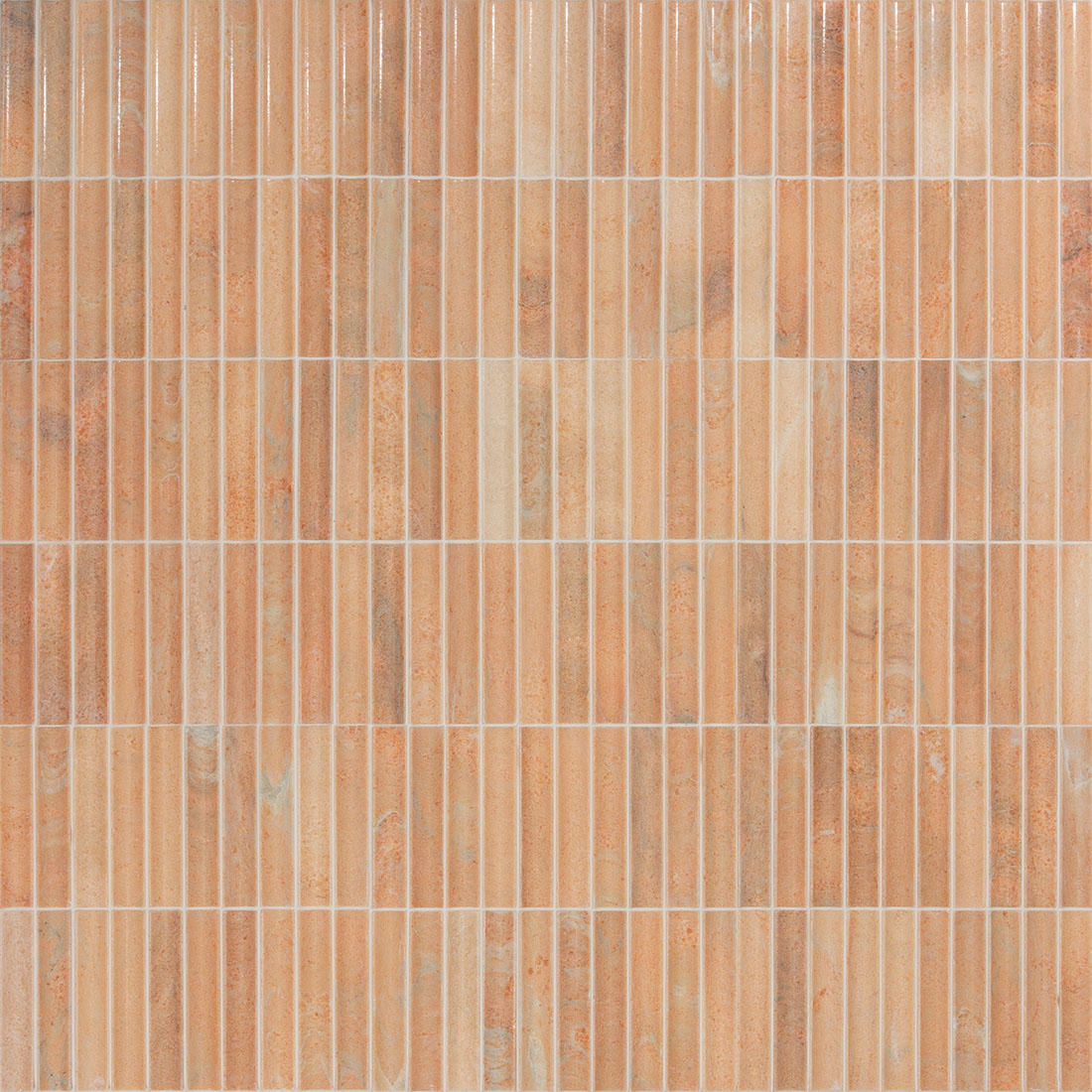 Peach grooved stone mosaic wall pattern with white grout and vertical strips