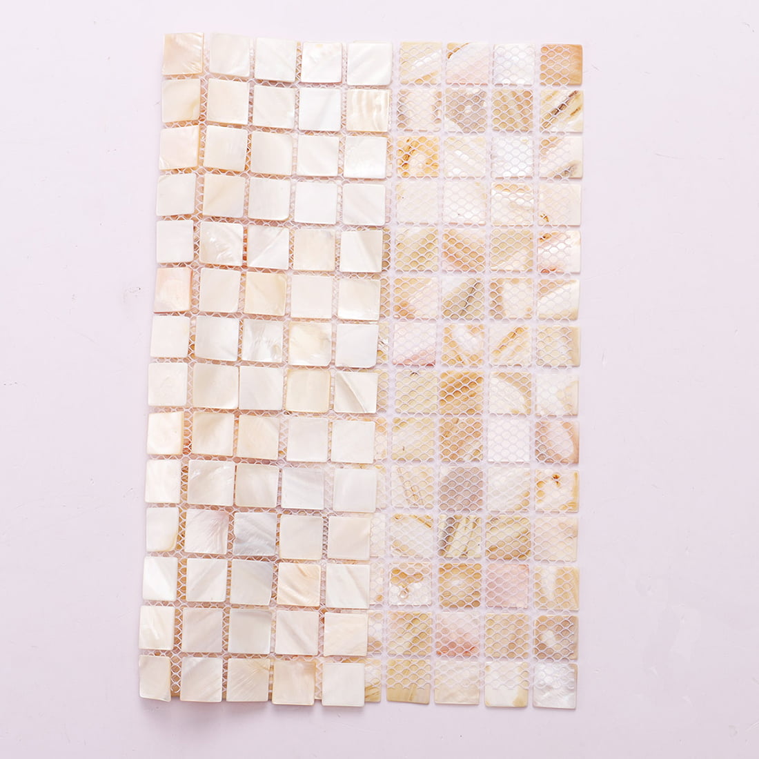 Front and back comparison of pearl shell mosaic sheet with mesh backing