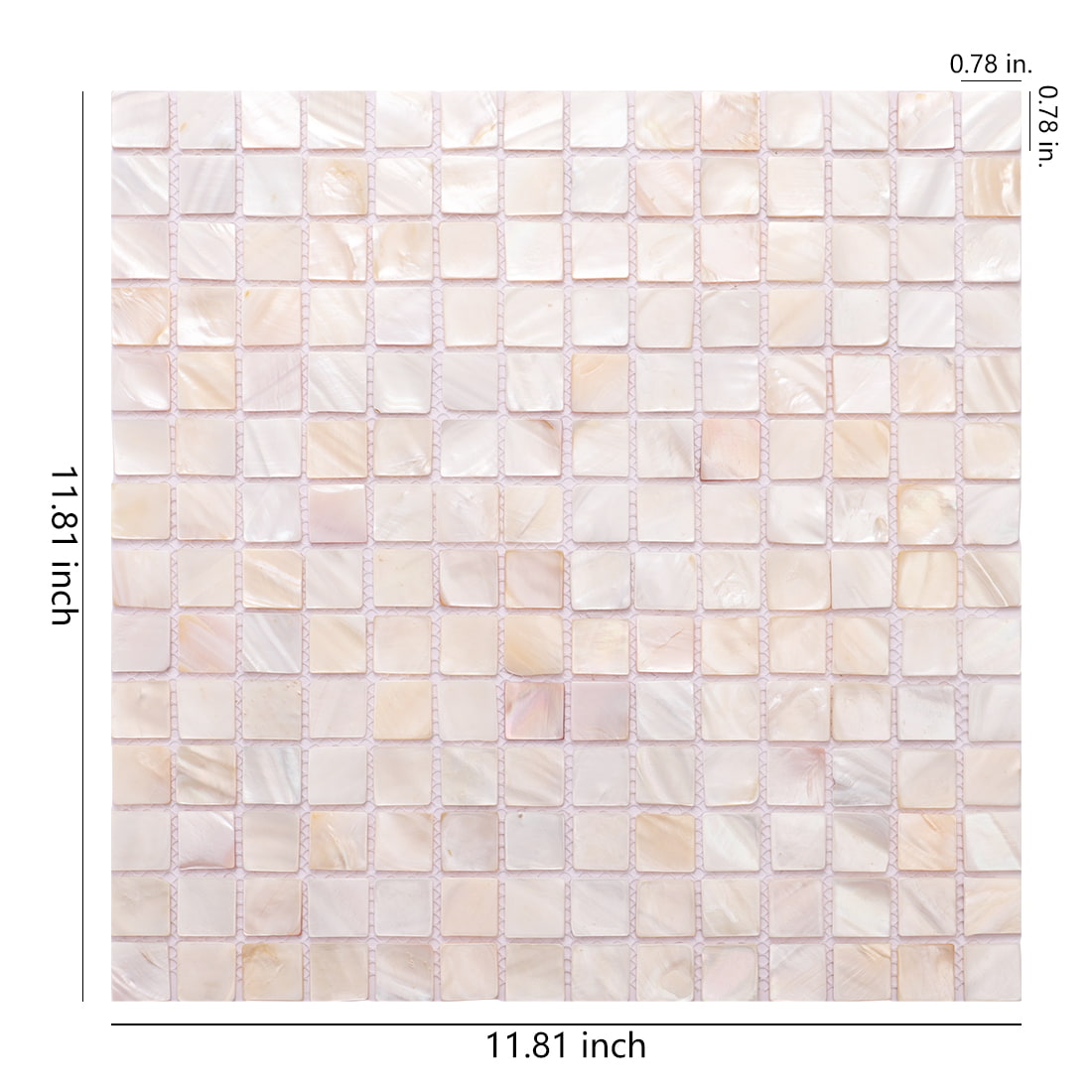 Pearl shell square mosaic sheet showing overall size and chip dimensions