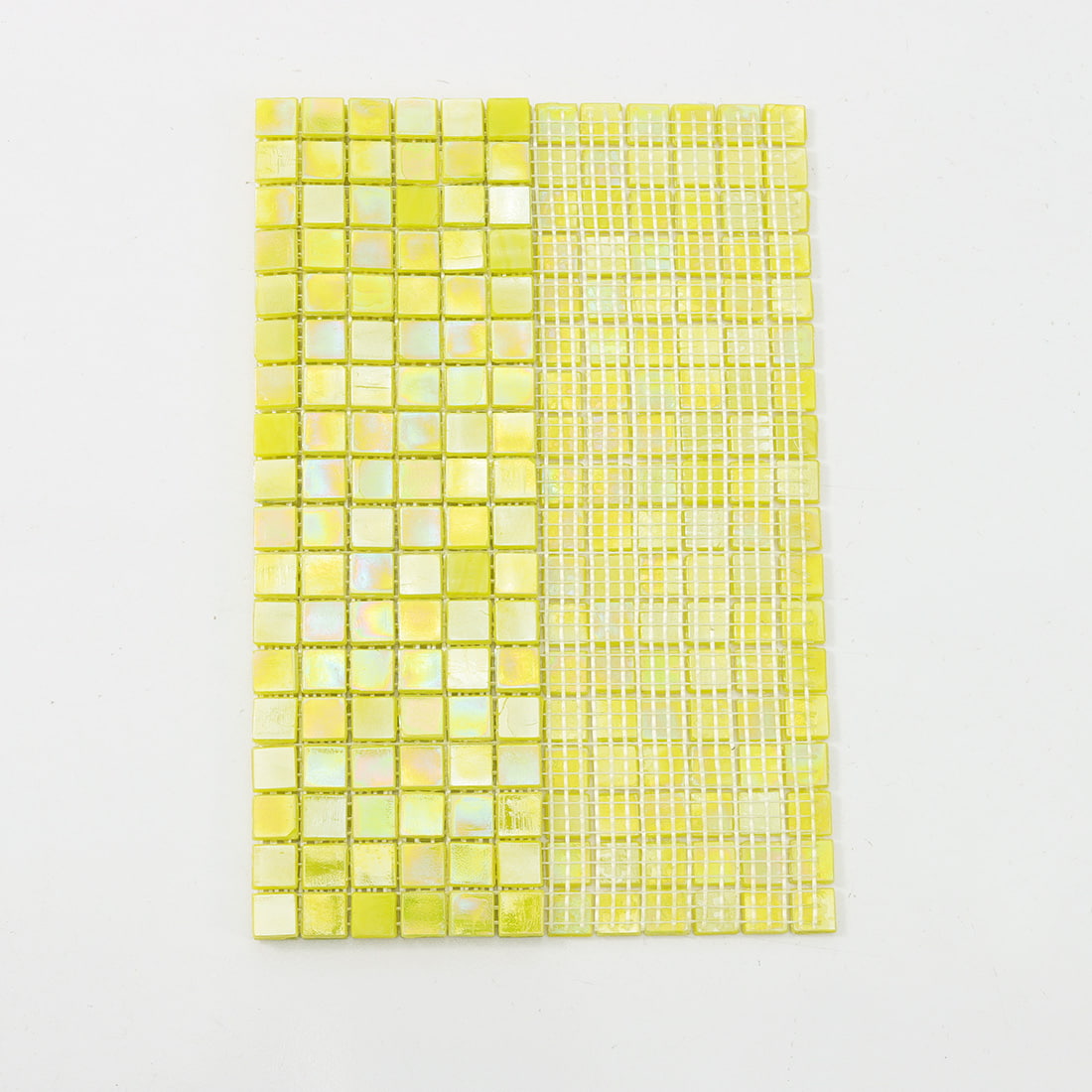 View of pearlescent lime yellow glass mosaic tile  show mesh