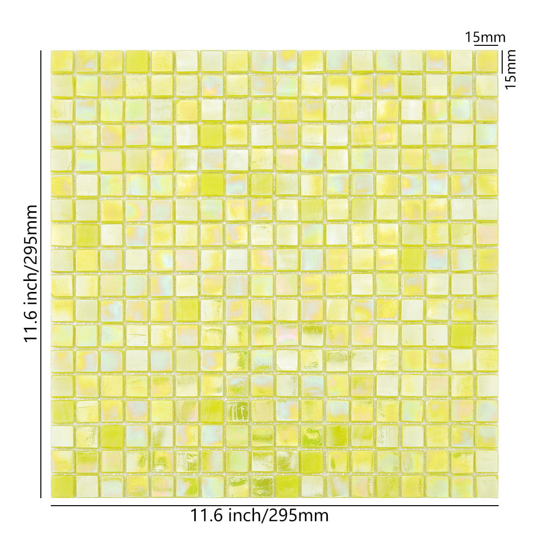Bright pearlescent lime yellow glass mosaic tile sheet with size labels and 15mm tiles
