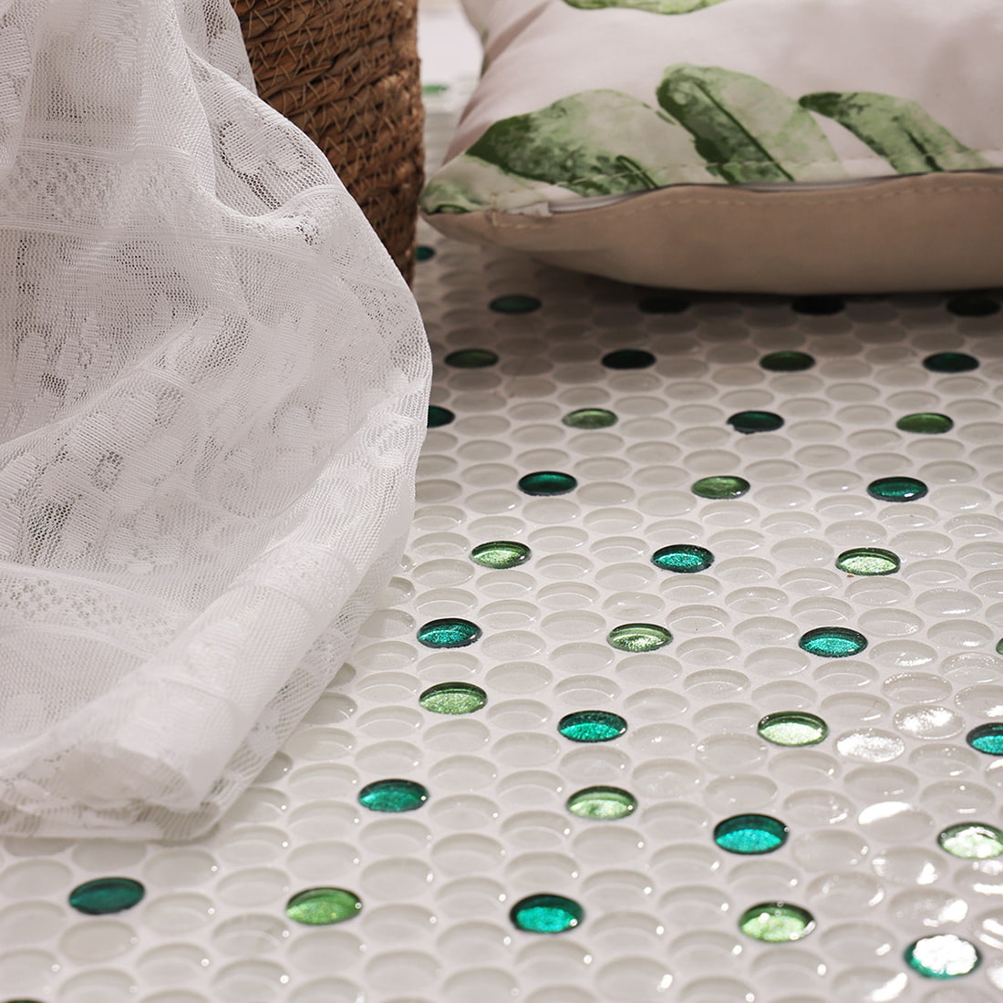 Modern interior floor design using white penny round glass mosaic tile