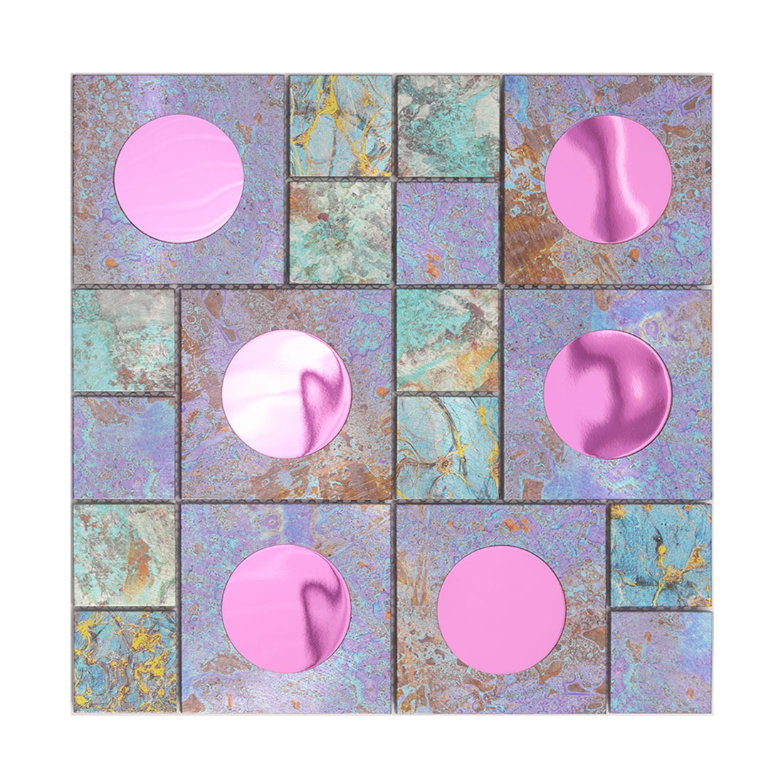 Pink round mirror glass set in an iridescent square metal mosaic tile sheet