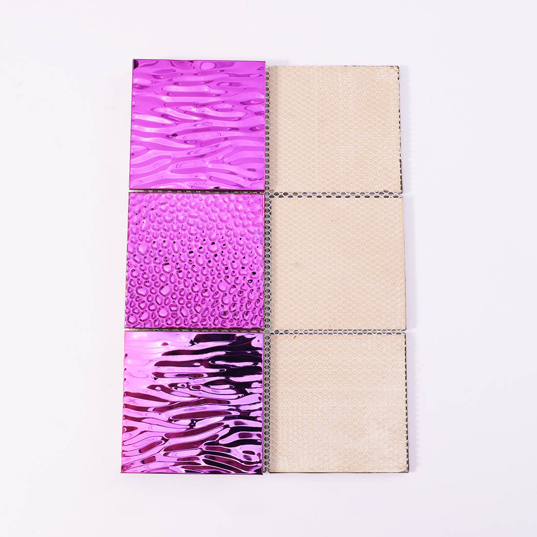 Pink textured stainless steel mosaic tile with mesh backing for wall installation