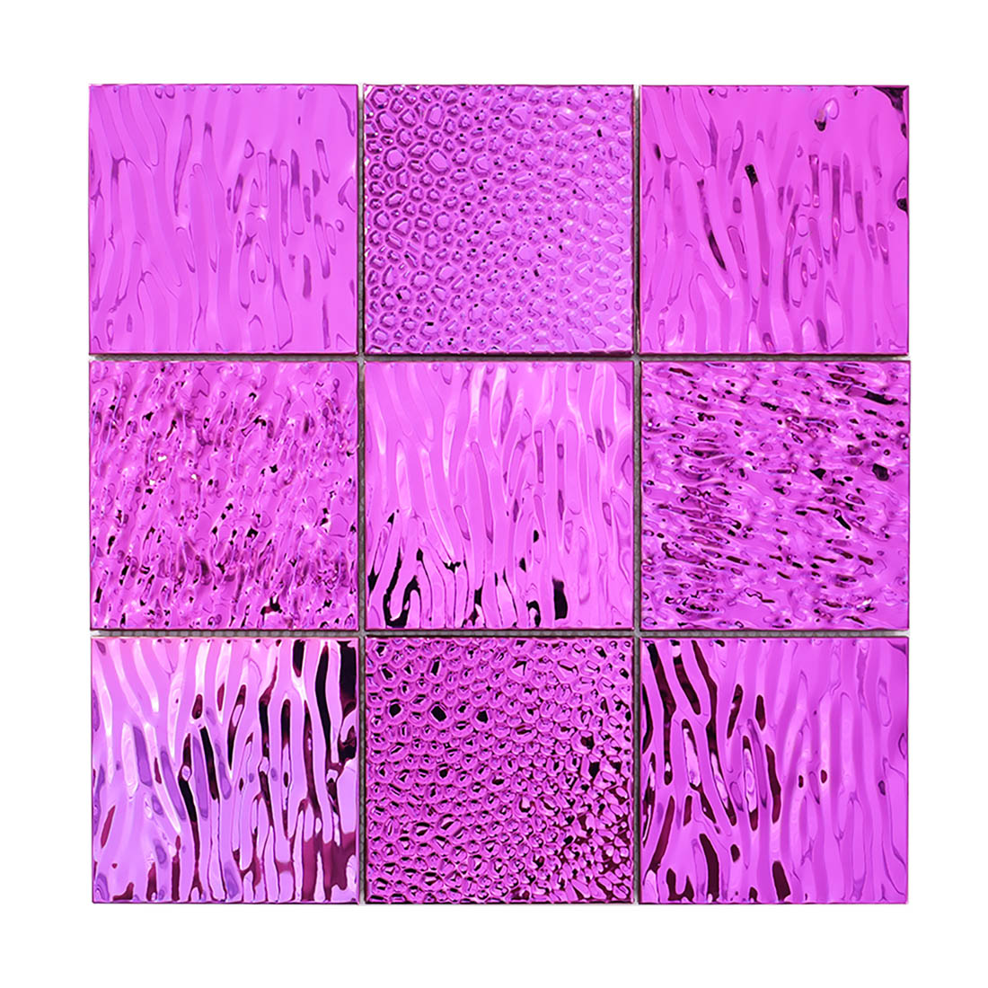 Pink square stainless steel mosaic tile sheet with mixed textured surfaces
