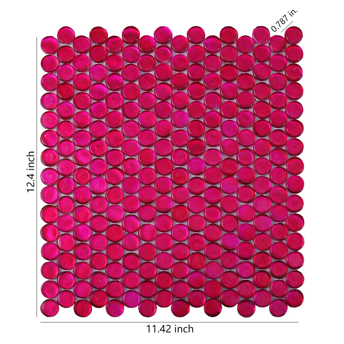 Pink foil penny round glass mosaic tile sheet with uniform round chips and glossy finish