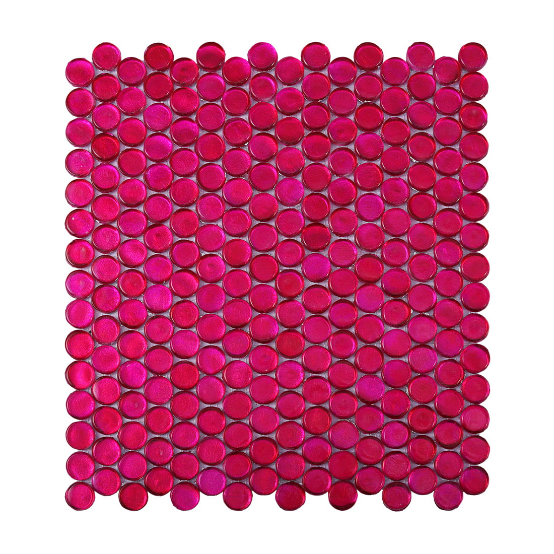 Full sheet view of pink penny round glass mosaic tile with vibrant foil sheen