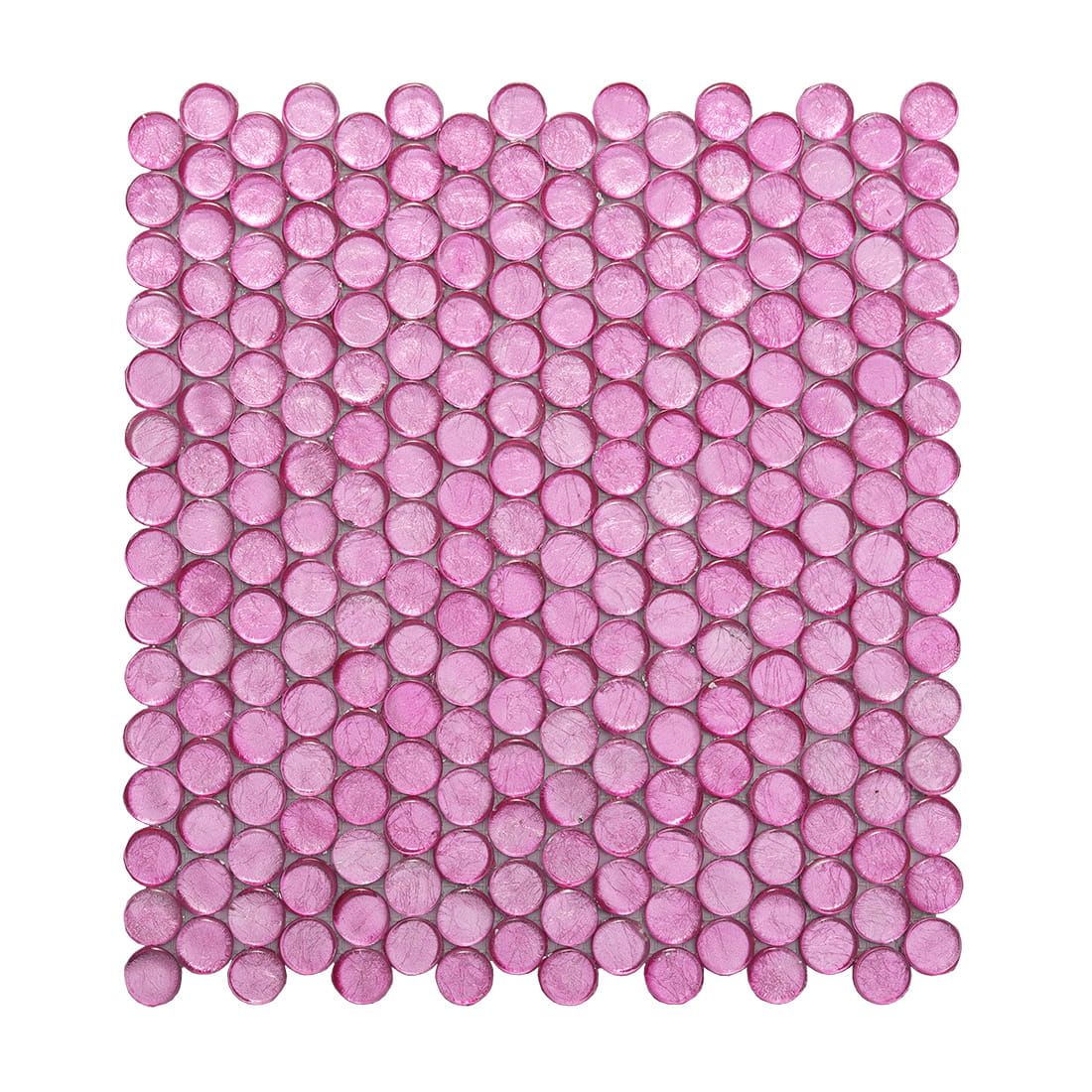 Top view of pink round glass mosaic tile sheet with uniform circular pattern