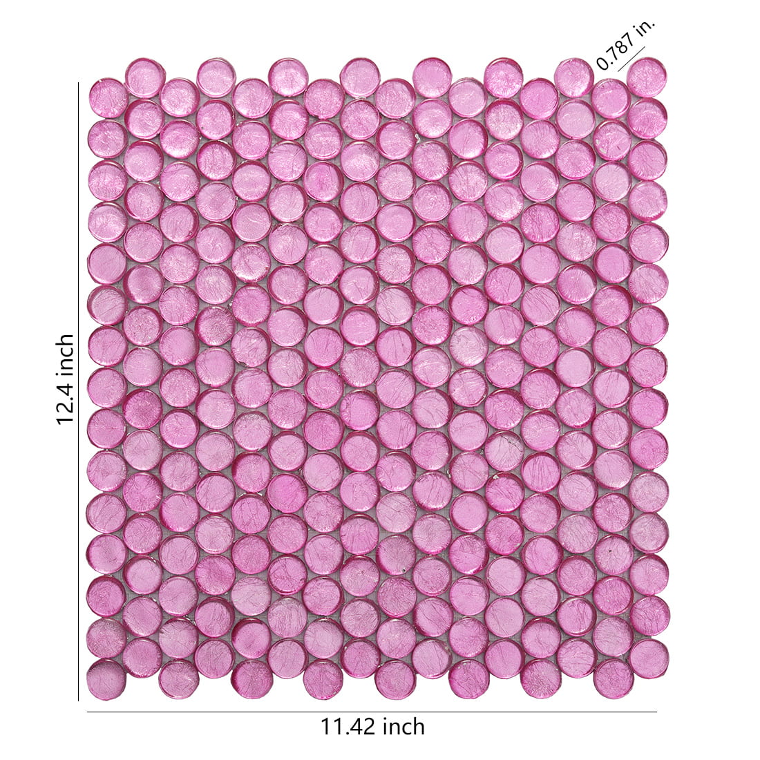 Pink round glass mosaic tile sheet showing overall layout and size dimensions