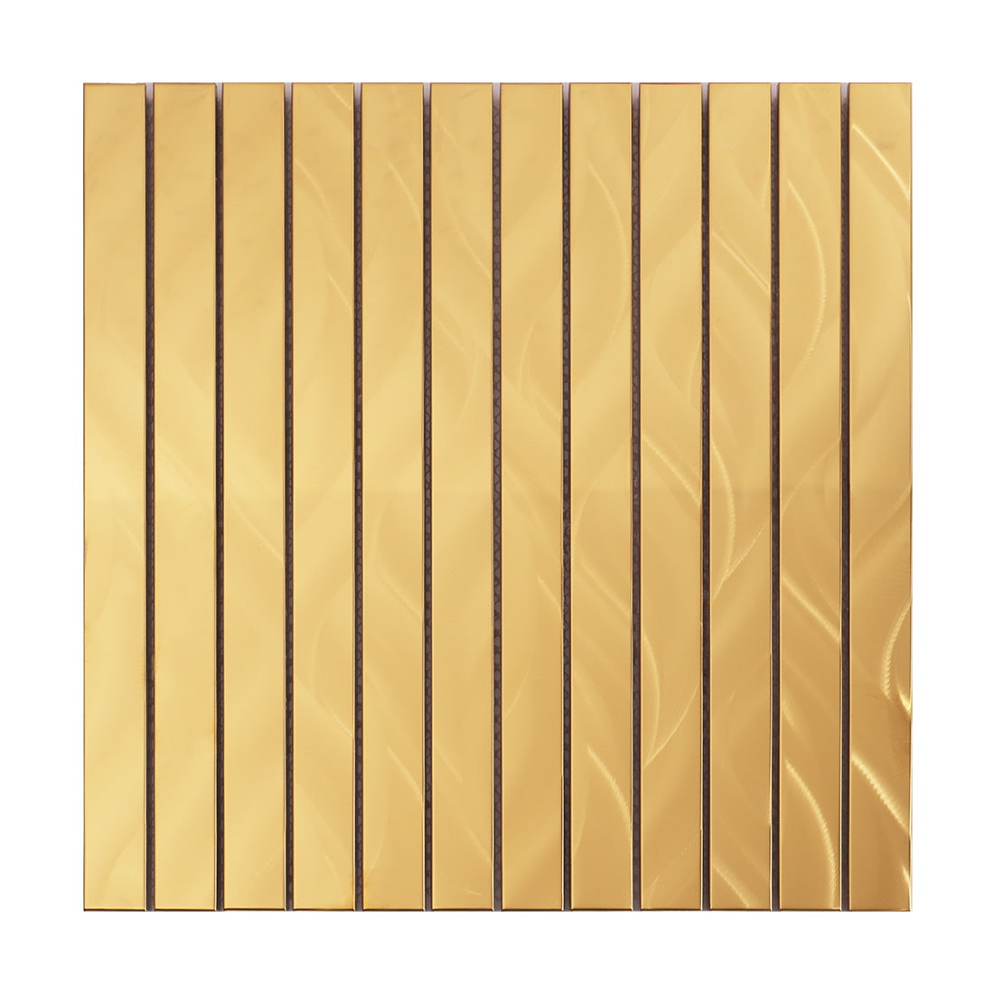 Front view of a polished gold vertical strip metal mosaic tile sheet.