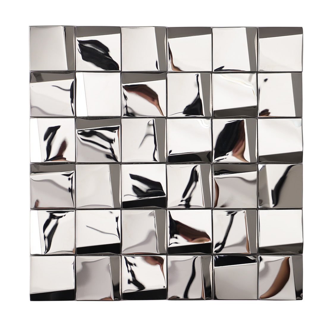 Front view of a polished silver 3D square mosaic stainless steel wall tile sheet.