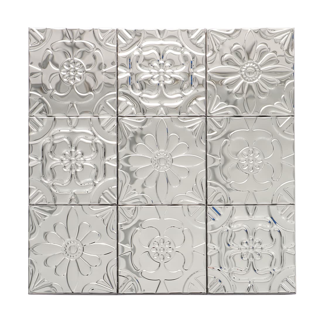 Polished silver metallic floral embossed mosaic tile grid panel