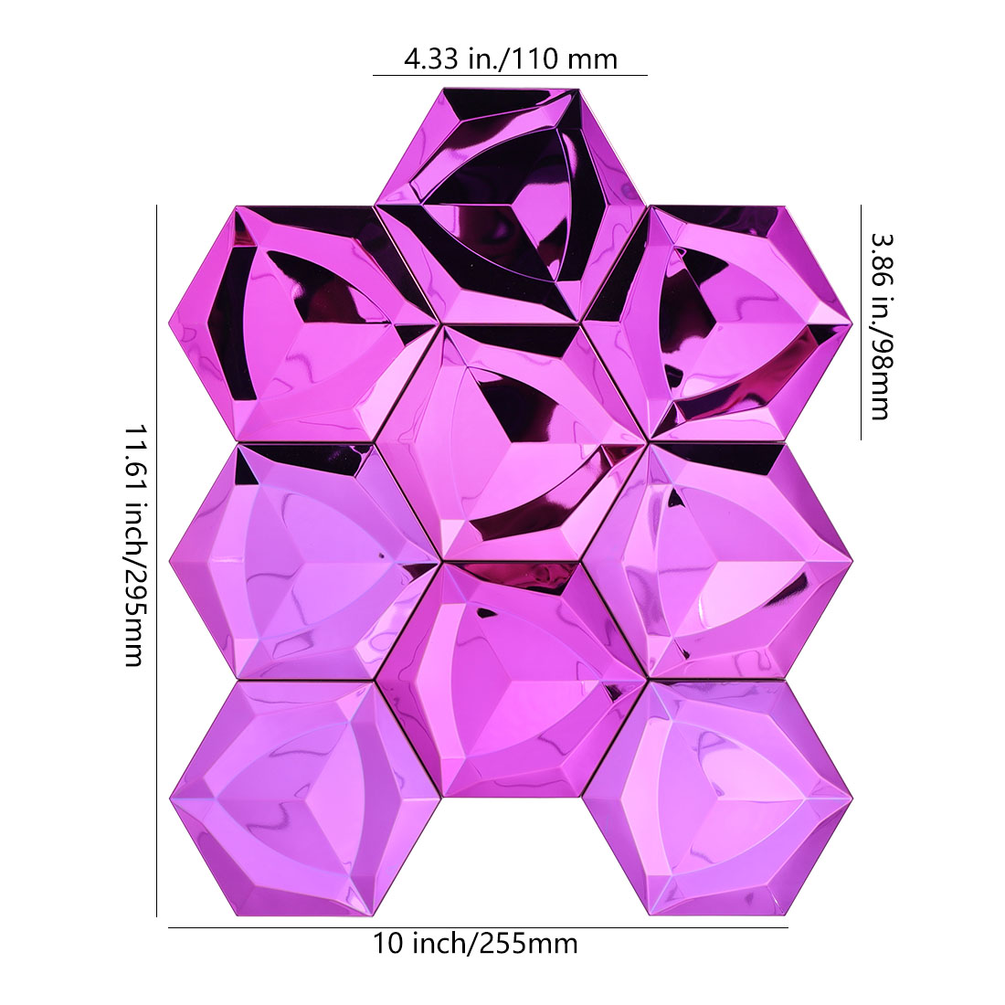 Purple 3D hexagon stainless steel mosaic tile sheet with size details