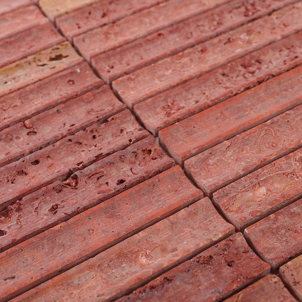 Detailed surface of red travertine vertical strip mosaic with natural stone texture