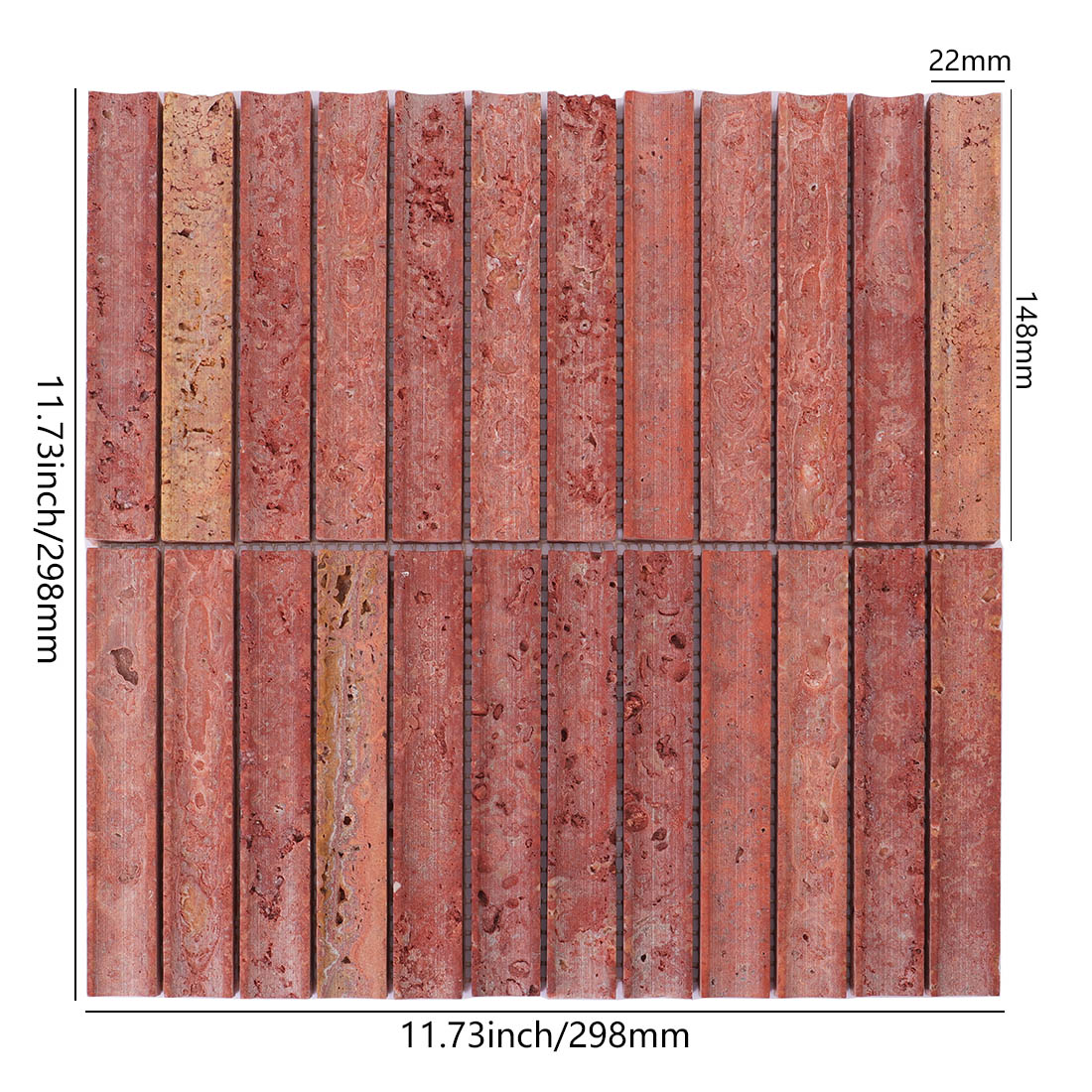 Red travertine vertical strip mosaic with 22 x 148 mm chips and sheet dimensions