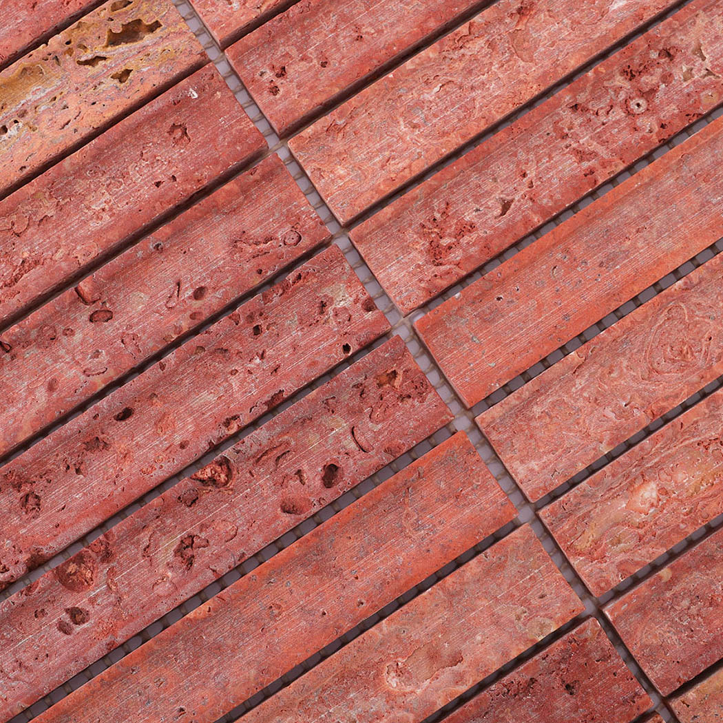 Red travertine long strip mosaic tiles with distinctive concave end details