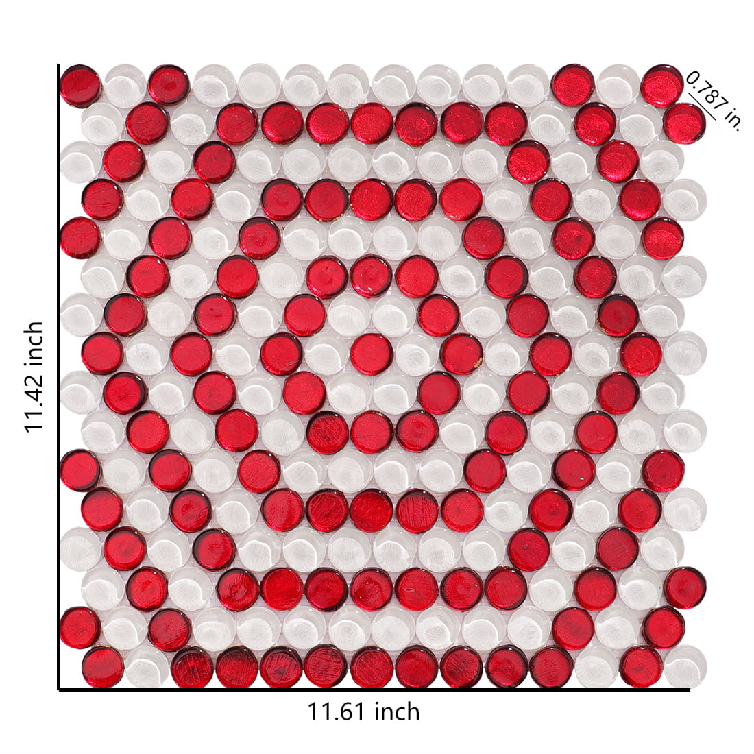 Red and White Penny Round Glass Tile with Hexagon Geometric Pattern Mosaic