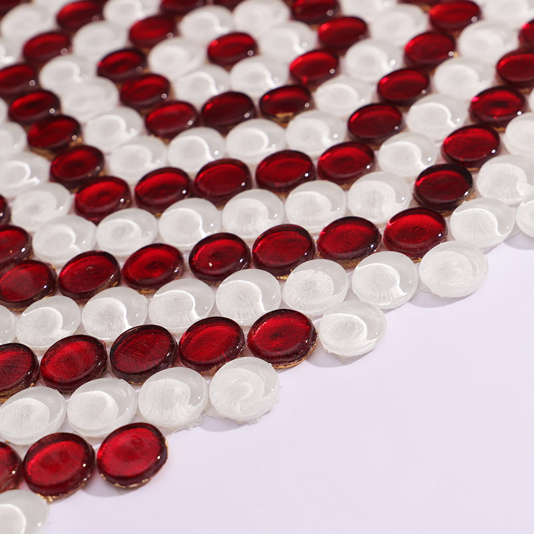 Red and White Penny Round Glass Tile with Hexagon Geometric Pattern Mosaic
