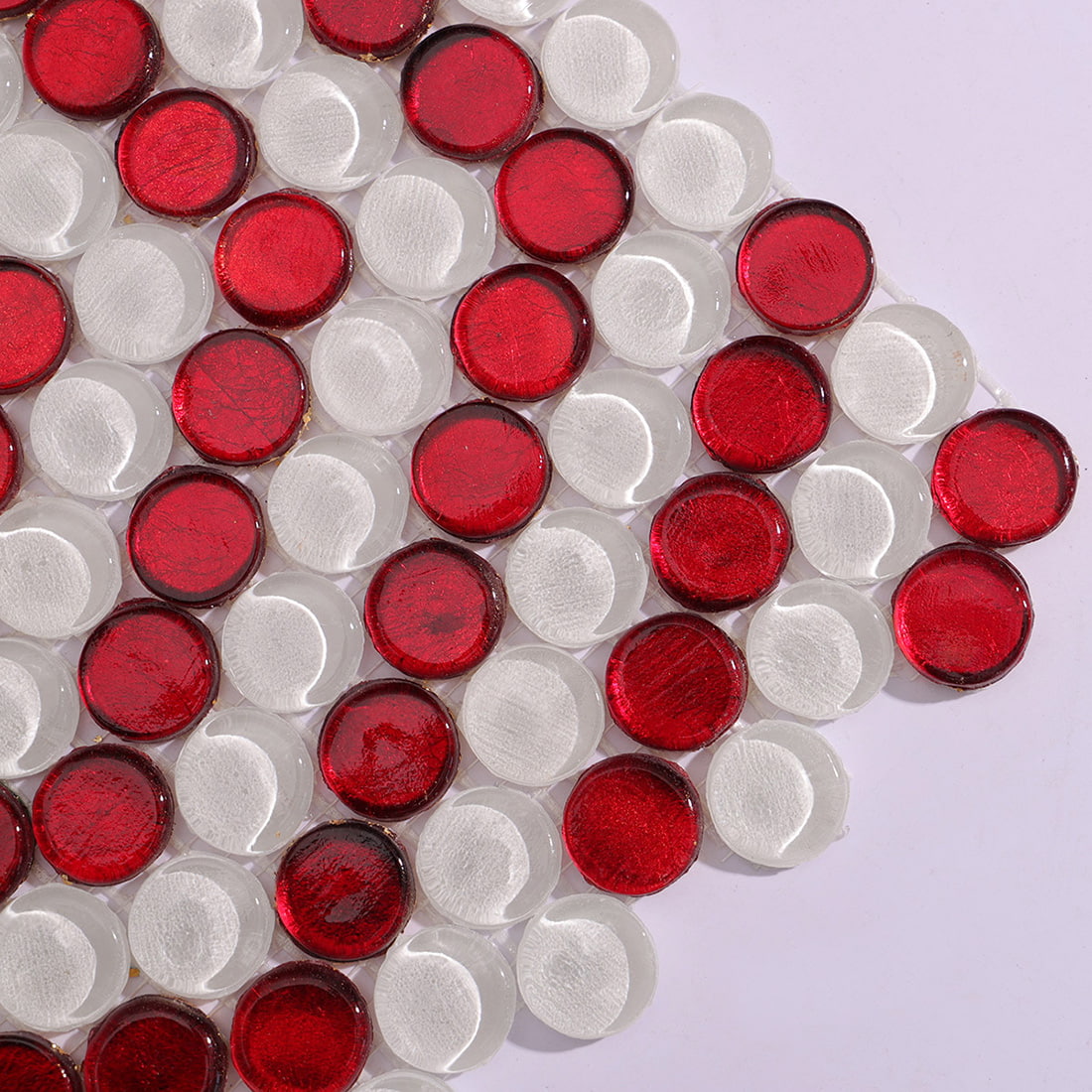 Red and White Penny Round Glass Tile with Hexagon Geometric Pattern Mosaic
