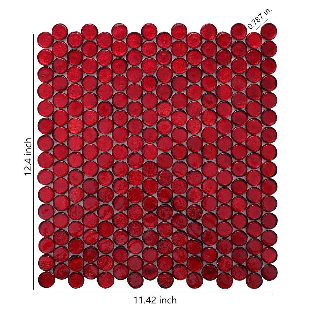Red foil penny round glass mosaic tile sheet showing bold color and round pattern
