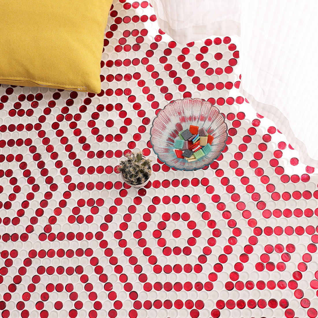 Decorative floor scene using red penny round glass mosaic tile pattern