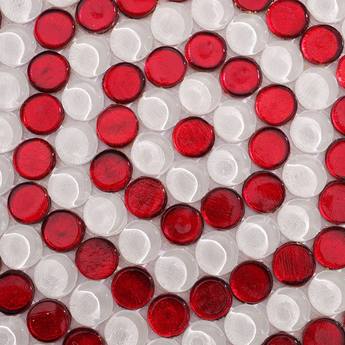 Red and White Penny Round Glass Tile with Hexagon Geometric Pattern Mosaic