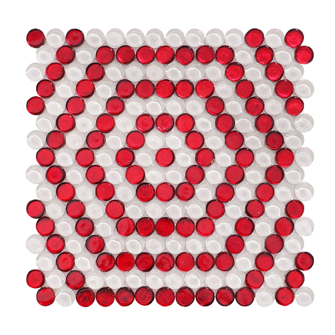 Red and white penny round glass mosaic tile sheet showing overall size and round chip layout