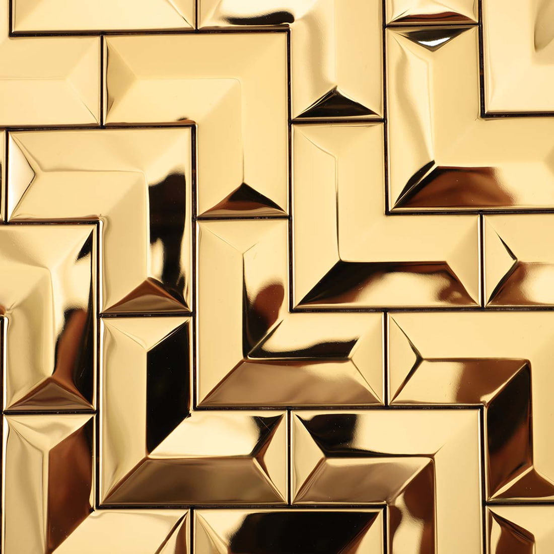 Perspective view showing the beveled texture of gold V-shape metal tiles.