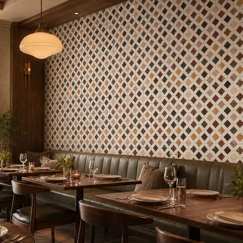 Retro multicolor diamond stone tiles on a warm restaurant feature wall