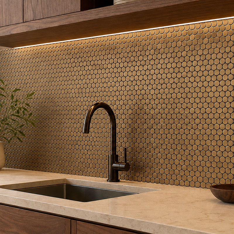 Retro penny tiles on a warm brown kitchen backsplash with dark wood cabinets