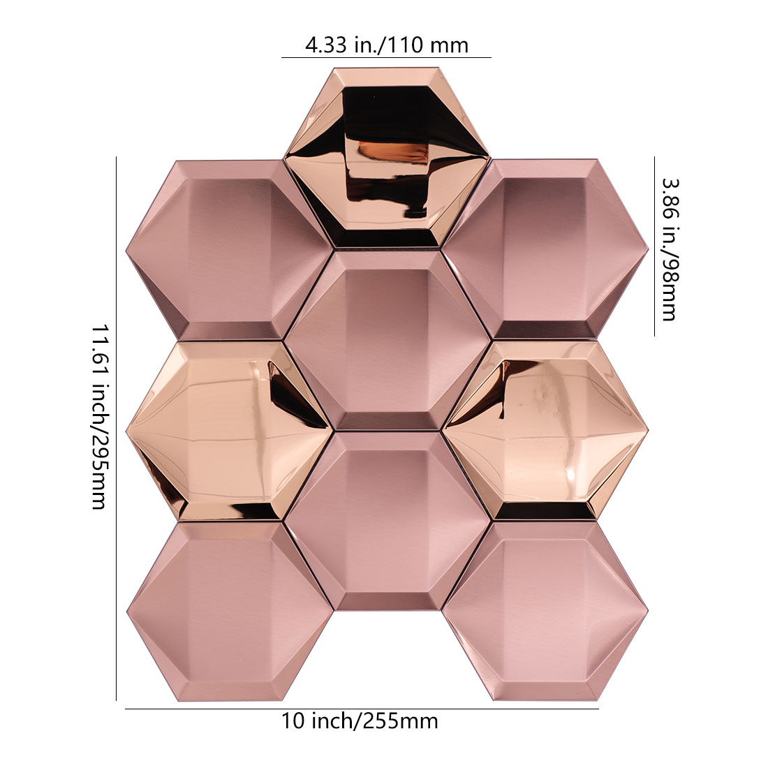 Rose gold 3D hexagon stainless steel mosaic tile sheet with size details