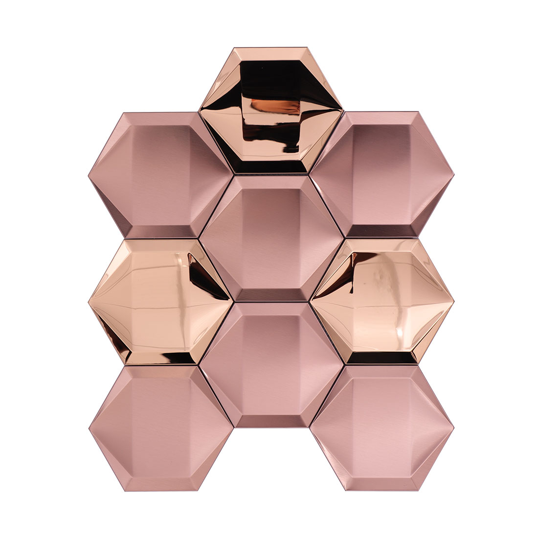 Rose gold 3D hexagon stainless steel mosaic tile sheet with mixed metal finishes