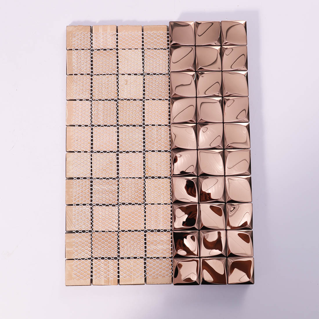 Rose gold 3D square metal mosaic tile with mesh-mounted backing