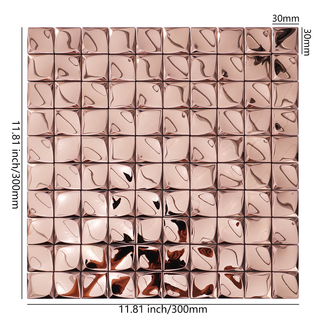 Rose gold 3D square metal mosaic tile sheet with 30mm mirror-finish chips