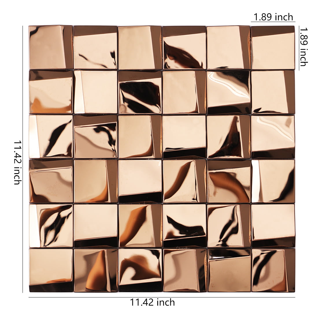 Rose gold 3D stainless steel mosaic sheet with 11.42 inch square dimensions.