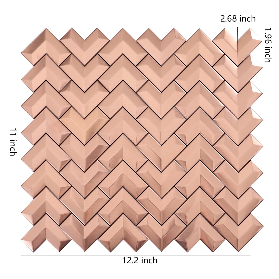 Rose gold brushed chevron metal mosaic tile sheet with dimension markings.