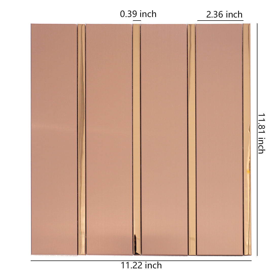 Rose gold brushed metal strip mosaic tile with size measurements 11.22x11.81 inches