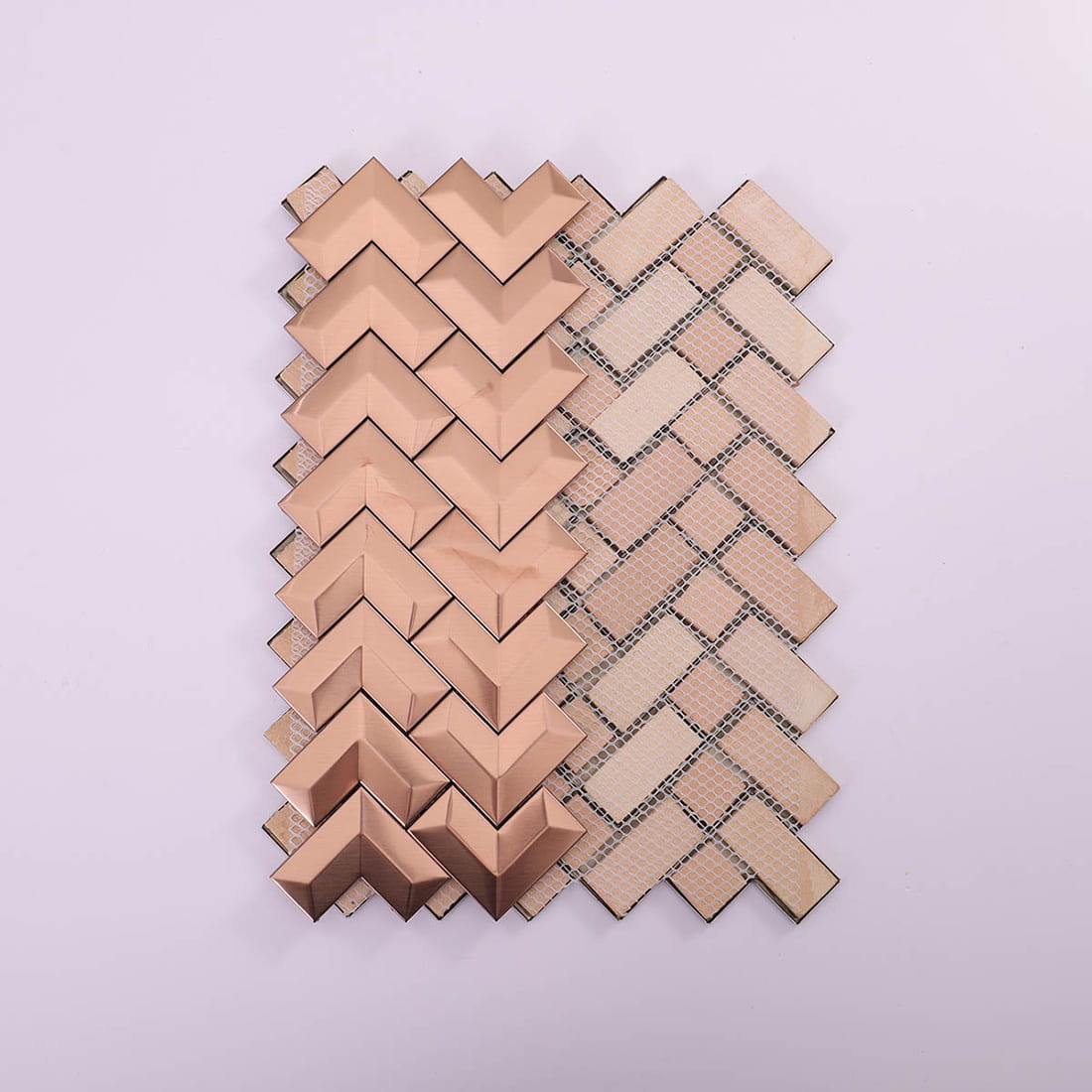 Rear view of rose gold chevron metal tiles with fiber mesh backing detail.
