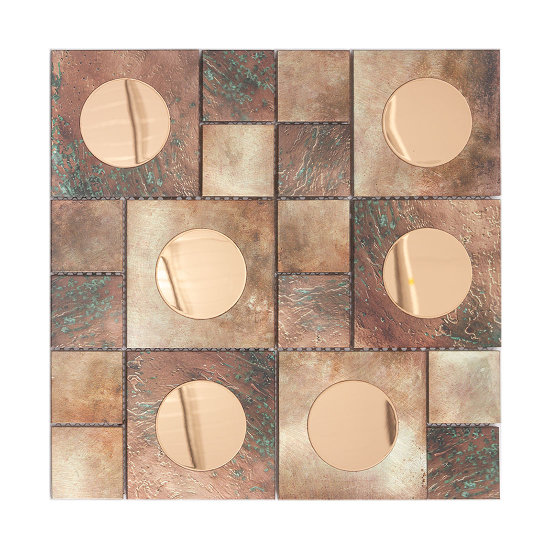 Rose gold round glass inserts on copper aluminum mosaic tile sheet