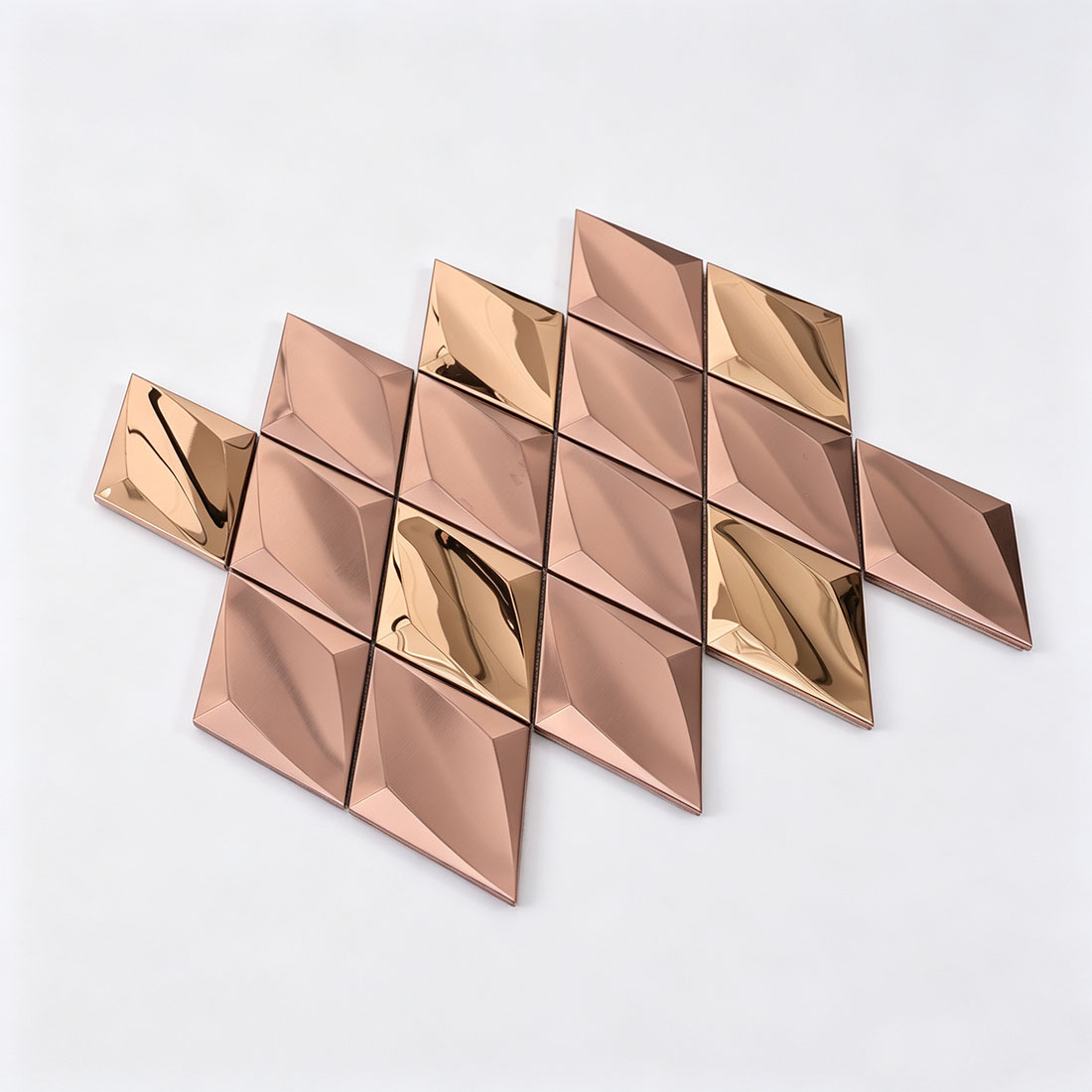 Rose gold diamond metal mosaic tile sheet with polished gold accent chips