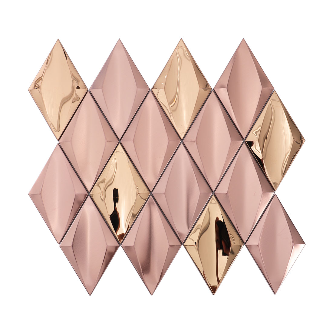 Rose gold diamond metal mosaic tile sheet with faceted diamond pattern
