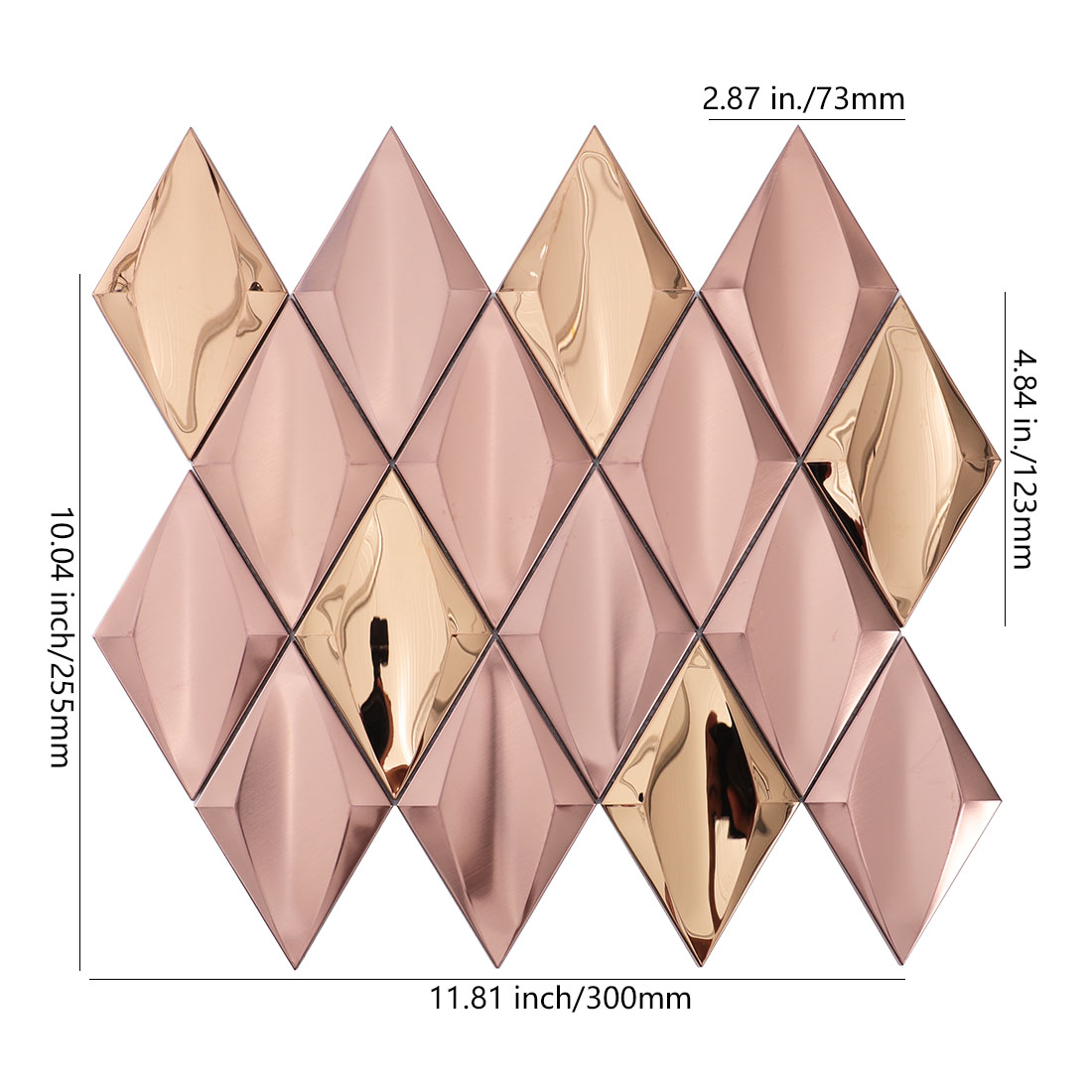 Rose gold diamond metal mosaic tile sheet with polished gold accent pieces